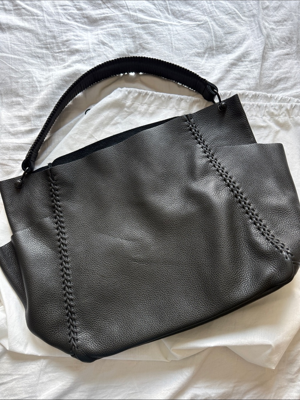 Textured Black Leather Tote with Braided Side Detail